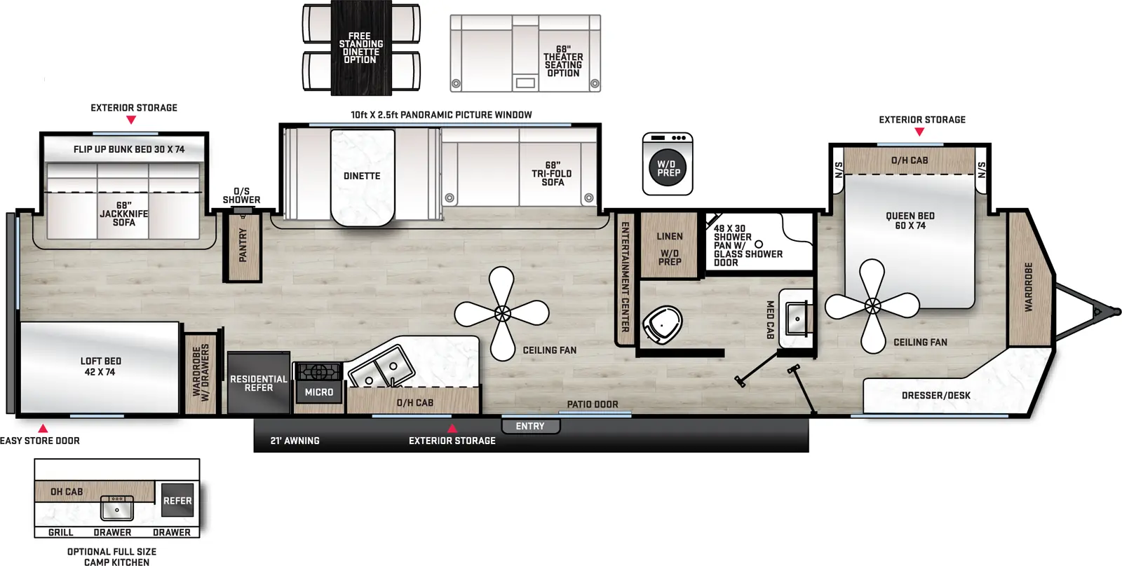 The Catalina Destination Series 40BHTS floorplan has one entry and three slide outs. Exterior features include: metal exterior, 21' awning and outside kitchen. Interiors features include: bunk beds, free-standing dinette option and front bedroom.